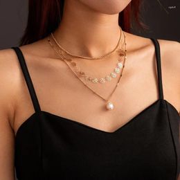 Pendant Necklaces Simple Pearl Necklace Rose Flower Metal Tassel Multilayer Female