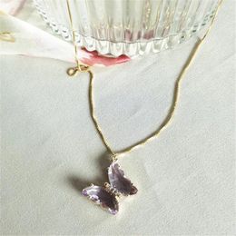 Pendants Artificial Amethyst Butterfly Pendant Necklace For Women Gold Color 925 Silver Chain Korean Style Choker Party Jewelry