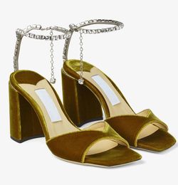 Elegant Lady Bridal Saeda Sandals Shoes Crystal Chain Square Toe High Heels Footwear Designer Heels Women Party Wedding Dress Gladiator Sandalias EU35-43