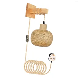 Wall Lamp Bamboo Sconce E26 Base Mount Hand Woven Farmhouse Hanging For Bedroom Corridor Bathroom Kitchen Stairs