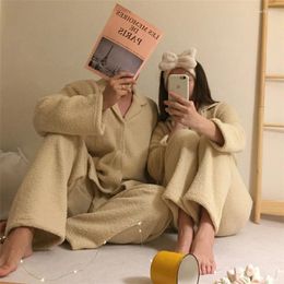 Women's Sleepwear Lovers Lace Warm Quilted Soft Solid Simple Winter Long Sleeve Pajama Set Women Couple Princess Cute Coral Velvet Ins