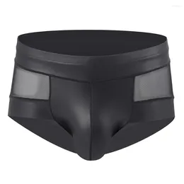 Underpants Men Mesh Transparent Boxershorts Sexy Leather U Convex Pouch Panties See Through Stage Performance Splice Breathable Boxers