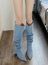 Boots Sexy Thigh High Heels Pointe Shoes Clogs Platform Over-the-Knee Pointy Cowboy Leather Stiletto Rubber