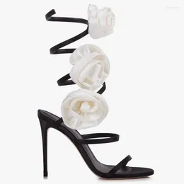 Sandals Rose Decor Women Twine Fashion Catwalk Round Toe Thin Heels Slingback Slippers Summer Ladies Dress Hight Shoes