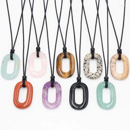 Pendant Necklaces FYJS Unique 10 Pcs Many Colors Oval Shape Hollow Quartz Stone Rope Chain Necklace Fashion Jewelry