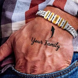 Charm Bracelets Personalised Men Stainless steel Bracelet With Family Name Bead Engraved Customised Jewellery For Dad Father's Day Gift 231206