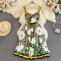 Casual Dresses Summer Floral Leopard Print Dress Women Sexy Spaghetti Strap Beach Backless Strapless Elastic Waist Flower Party Vestido