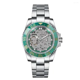 Wristwatches Men's Hollowed Out Mechanical Watch With 40mm Stainless Steel Case Green Ring And Brushed Sand Strap Equipped NH70