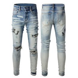 Men's Jeans High Street Trendy Brand Jeans with Hole Patches and Letters Embroidered Slim Fit Small Leggings Jeans