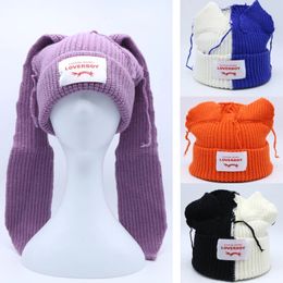 BeanieSkull Caps Cute Long Ears Knitted Hat Men Women Rabbit Ear Warm Crochet Beanies Kpop Stray Kids Hip Hop Hat Woman Winter Skullies Cap 231206