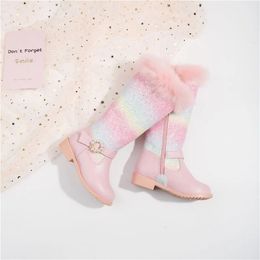 Boots 2023 Autumn Winter Girls Rainbow Princess Fashion Children Pink Knee Length Plush Fur Shoes 231207