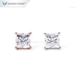 Tianyu Moissanite Earring 14k/18k Pure Gold 6.5*6.5mm Princess Cut Screw Back Stud for Lady