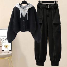 Women's Two Piece Pants Winter Plush Thickened Single Breasted Hoodie Tunic Loose Workwear Elegant Set Fashion Sweater 2 Outfit 231206