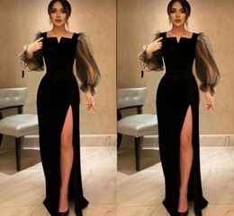 Charming Black Evening Dress 2024 Puffy Long Sleeves Split Front Soft Satin Women Formal Occasion Prom Gowns Night Party Wear Vestiddos De Feast