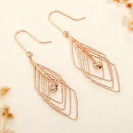 Dangle Earrings Real Pure 18K Rose Gold Women Lucky Hollow Geometry Rhombus 3.33g