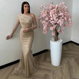 luxury Gold Glitter Sequins Beading Mermaid Gowns 2024 Saudi Arabia One Shoulder Long Sleeves Bodycon Women Dresses