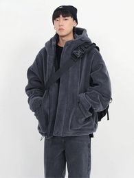 Men's Jackets Winter Thick Warm Oversized Dark Grey Sherpa Jacket Men with Hood Zip Up Fluffy Loose Casual Faux Lamb Fur Coat 231206