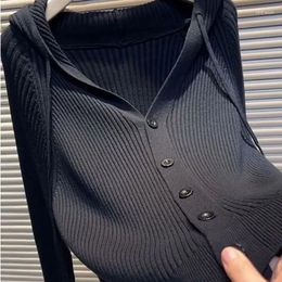 Women's Knits 2023 Spring And Autumn Black Cardigan Hooded Loose Knitted Top Thin Single Breasted Sweater