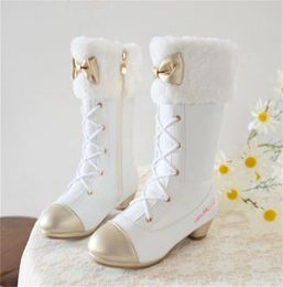 2024 New Winter Bow Princess Girls' Boots Thick Heel Fashion Boots Warm Children's Mid Length Snow Boots Lace Cotton Shoes