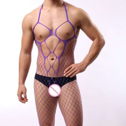 Mens Crotchless Bodysuit For Male Underwear Gay Sexy Lingerie Adult Nightwear Hot Exotic Sex Jumpsuit Net Clothing Dropshipping