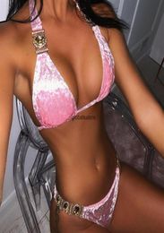 2021 Newest Pink Velvet Female Split Swimsuit Sexy Crystal Diamond Bikini Whole Bathing Suit Beach Set28189539807