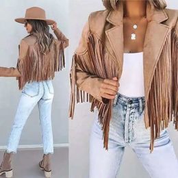 Women's Leather Faux Women Y2k Fringed Hem Tassel Cardigan Crop Tops Egirl Motor Biker Jacket Suede 90s Vintage Streetwear Coat Cool 231206