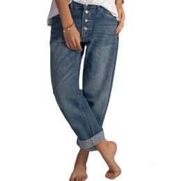 Pantalones vaqueros simples y versátiles para mujer, pantalones vaqueros rectos con empalme de cintura alta, pantalones lavables informales sueltos para mujer 231206