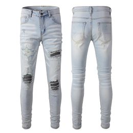 Men's Jeans High street trend light blue distressed jeans with men's patches, embroidered flower patches, slim fit