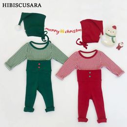 Clothing Sets INS Style Chic Baby Christmas Plaid Top High Waist Pants Hat Coral Fleece Vest Waistcoat For Xmas Year 231207