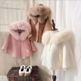 Jackets Korean style girls fur thicken hooded cape winter fashion good quality coat 3 12t D952 231207