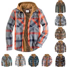 Men's Jackets Men's Quilted Lined Button Down Plaid Shirt Add Velvet To Keep Warm Jacket With Hood 231206