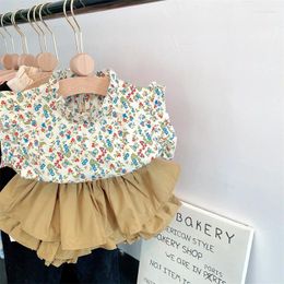 Clothing Sets Korean Style Summer Baby Girl Round Collar Floral Sleeveless T-shirts Khaki Pantskirt Children E100039