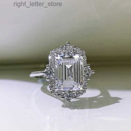 Solitaire Ring New S925 Sterling Silver Rectangle White Diamond Ring 8*10 Luxury Set 6 Diamond Ring 5A Zircon Factory Direct Sales YQ231207