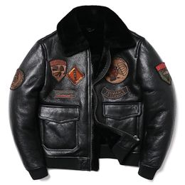 Men s Leather Faux Air Force Black Shearling Wool Fur Sheepskin Jacket Men Genuine Coat Warm Winter Clothing Motorcycle Jackets 231207