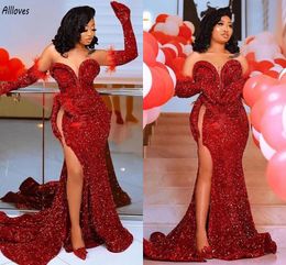 Arabic Aso Ebi Red Sequined Shiny Prom Dresses Sweetherart Furs Long Mermaid Formal Occasion Party Gowns Sexy Thigh Split Second Reception Evening Dress CL3009