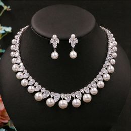 Wedding Jewelry Sets Cubic Zirconia Round Pearl Drill Delicate Bridal Necklace Pendant Stud Earrings Accessories For Women 231207