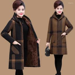 Women's Trench Coats Fleece Quilted Jacket Autumn Winter Long Warm Cotton Clothing Hooded Parka Overcoat Female Casual Grid Outerwear 5XL