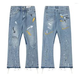 Men's Jeans Street Graffiti Painted Flare For Men Frayed Hole Straight Y2k Distressed Blue Denim Trousers Hip Hop Oversize Loose Pants