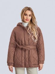 Women's Trench Coats Belted Puffer Jacket Winter Warm Quilted Coat Female Casual Long Sleeve Zip Up Outwear With Hood Thin Parkas Streetwear