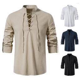 Men's Casual Shirts Imitation Cotton Linen Long Sleeved Standing Neck Shirt European Size Thin Neckline Lace Up Large