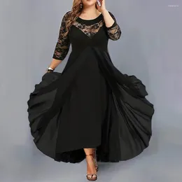 Casual Dresses Fall Spring Women Dress See-through Hollow Out Lace Maxi Flower Embroidery 3/4 Sleeve Double Layers Big Swing Party