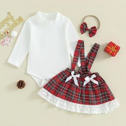 Clothing Sets 3PCS Princess Baby Girls Set Kids Christmas Outfits Long Sleeve Romper Plaid Suspender Skirt Headband Born Clothes