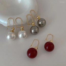 Hoop Earrings Minar Korean Japanese White Grey Red Colour Imitation Pearl For Women 14K Real Gold Plating Copper Hook Earring