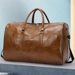 Duffel Bags Vintage Leather Men Women Travel Duffel Bag Carry on Luggage Bag Lagre Capacity Male Shoulder Bag Weekend Gym Fitness Bag 231207