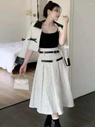 Work Dresses Vintage Fashion Small Fragrance Contrast Color Tweed Two Piece Set For Women Lapel Short Coat High Waist Long A-Line Skirts
