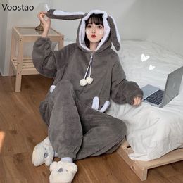 Women's Sleepwear Sweet Bunny Hooded Onesies Women Pyjamas Cute Pijama Winter Warm Sleepwear Kawaii Female Nightwear Pyjamas Jumpsuit Homewear 231206