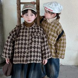 Jackets Coat Winter Children Clothing Rhombic Lattice Cotton Jacket Boys Girls Baby Thick Warm 2023 Pocket