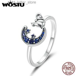 Solitaire Ring WOSTU Moon Cat Open Ring 925 Sterling Silver Blue Zircon Adjustable Size Animal Ring For Women Fingers Trendy Jewellery CQR677 YQ231207