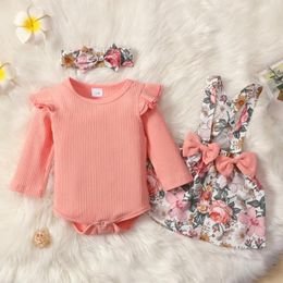 Clothing Sets 0-18Month Baby Girl Autumn Skirt Pit Stripes Rompers Shoulder Straps Headbands 3pcs