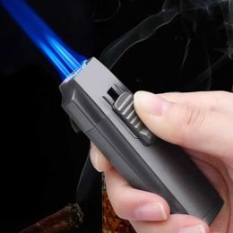 JOBON Triple Blue Flame Metal Jet Lighter Windproof Pull Down Ignition Visual No Gas Window With Cigar Punch